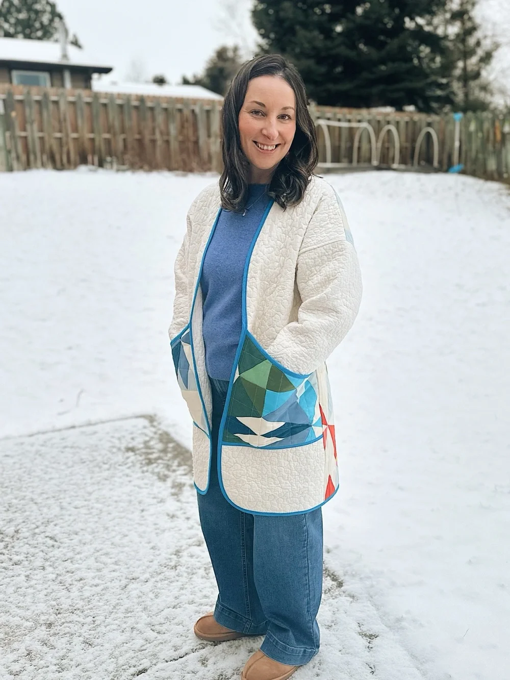 Colorful Geometric Patchwork Quilted Jacket - Blue & Green - Picture 2 of 4